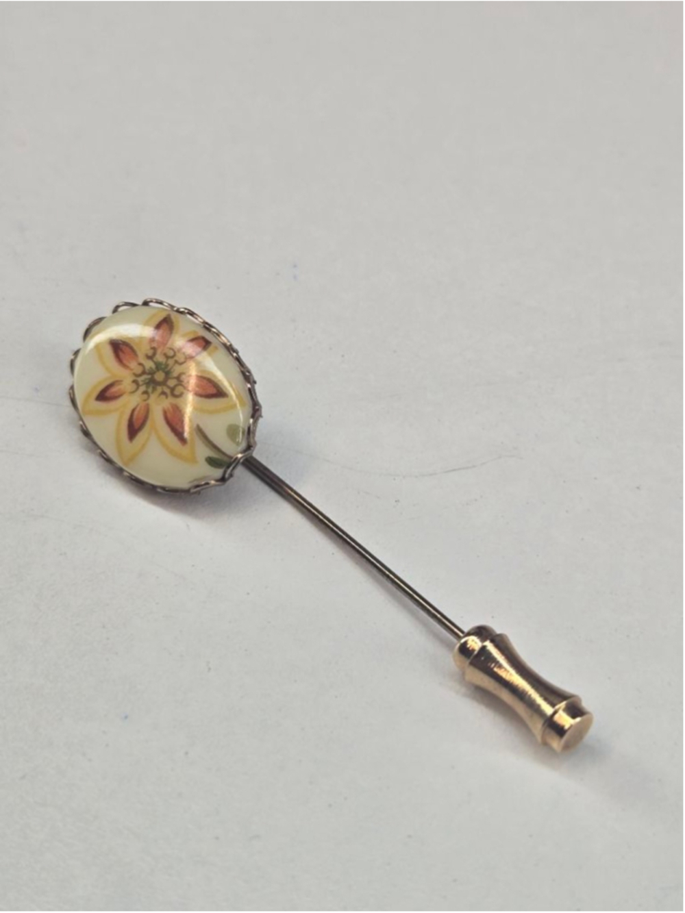 Lenox Stick Pin Cream & Orange Floral Women's Brooch 14k Gold Plated Vintage - Picture 9 of 9
